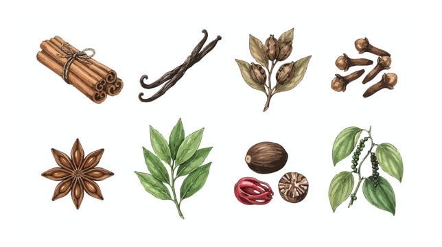 Vintage botanical spices collection, hand drawn cinnamon and vanilla bean vector set, aromatic star anise and nutmeg illustrations for culinary design