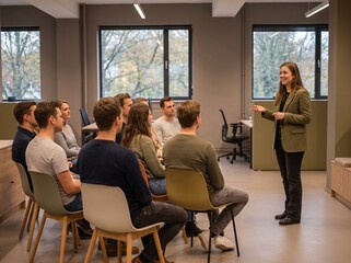 Obraz premium Female Speaker Presenting to Group in Modern Office Meeting