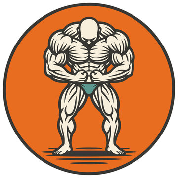 Vector illustration of a strong muscular bodybuilder flexing his muscles in an orange circle. Fitness and gym logo design isolated on white.