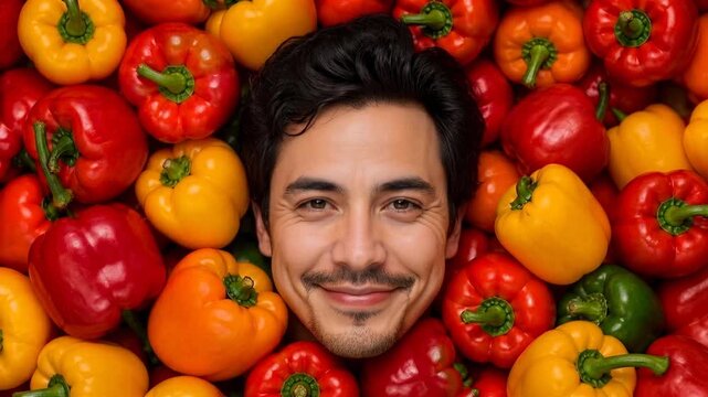 Man smiling amidst a vibrant pile of colorful bell peppers