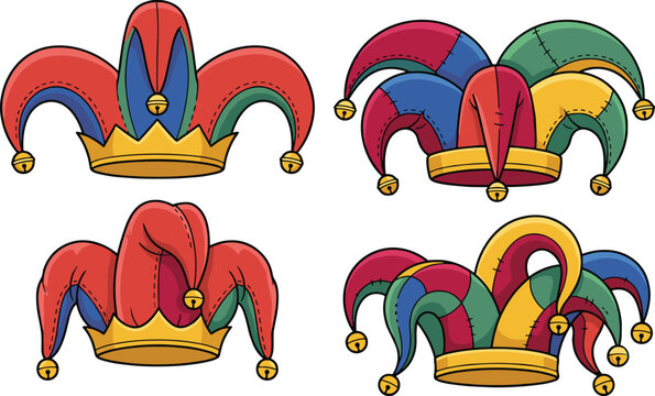 Colorful Jester Hat Clipart Set Carnival Joker Cap Vector Illustration