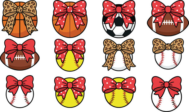 Sports Ball with Bow Clipart Bundle Girls Sports Vector Illustration Set