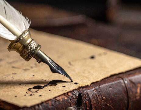 An elegant vintage quill pen writes with black ink on aged parchment paper, evoking deep feelings of nostalgia, history, and classical literature in this warm macro shot. Nobody.