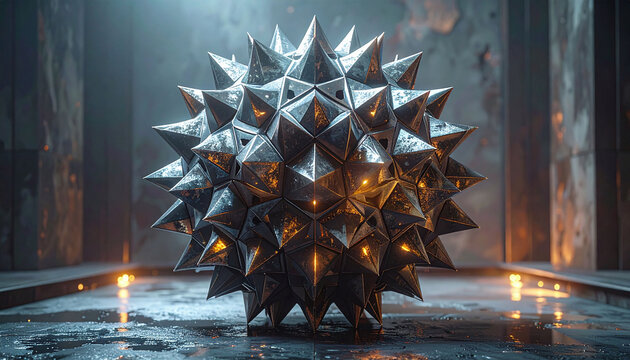 This futuristic, glowing spiky metal sphere radiates power in a dark, wet industrial setting, evoking intense mystery and defense. Perfect scifi conceptual 3D art. Nobody.
