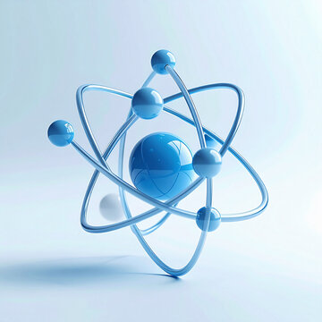 A sleek blue 3D atom model floats in a clean studio setting, symbolizing scientific innovation, energy, and discovery. This modern, minimalist concept evokes curiosity. Nobody.