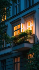 Fototapeta premium A serene evening view of a balcony adorned with lush plants, softly illuminated from within