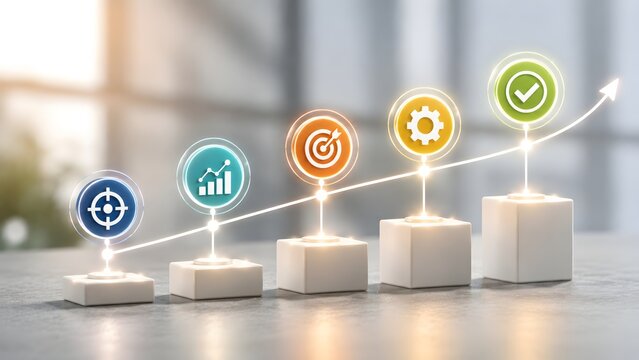 Business performance tracking concept showing ascending white steps with glowing trajectory line and completion checkmark icon