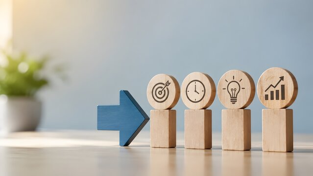 Business process timeline concept featuring wooden blocks with forward blue arrow and strategic management icons for future growth