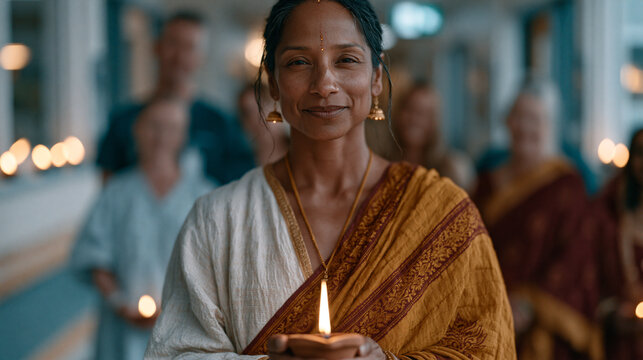 Breast cancer survivor leads Diwali celebration in oncology ward hallway, small clay diyas on windowsills, patients and nurses gathered in informal circle, hospital gowns beside