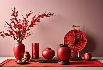 Fototapeta premium Japanese New Year decorations with red vases and umbrella