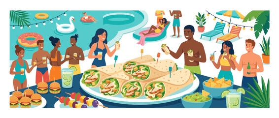 Fototapeta premium Summer Pool Party Food Fiesta: Wraps, Burgers, Guacamole, Drinks & Happy People
