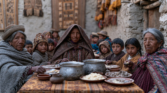 Peruvian indigenous community gathers in hillside courtyard for Corpus Christi, elders and children sharing one meal from communal pots, hand-woven textiles decorating adobe