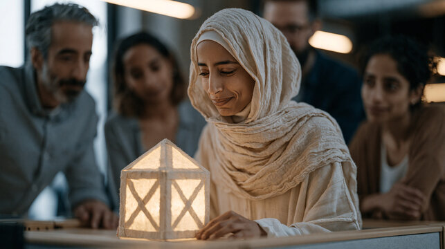 Berber Muslim woman in office hijab decorates her cubicle with a small Eid lantern, colleagues of varied backgrounds leaning over curiously, fluorescent workplace lighting,