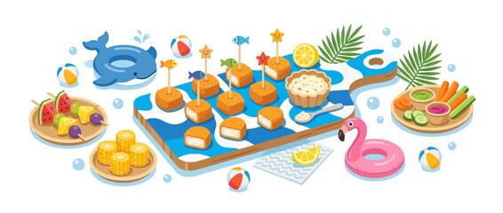 Fototapeta premium Summer Party Appetizers: Festive Food Platter with Snacks, Fruits, and Veggies