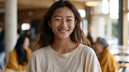 Tibetan American teenager confidently speaking two languages with grandparents and classmates in a school cafeteria, bilingual identity, diaspora youth culture, generational