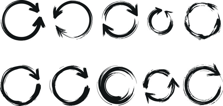 Collection of hand drawn circular arrows and refresh icons with circular sketches elements artistic rotation isolated