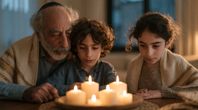 Iranian Jewish family in Tehran apartment observes Shabbat with discretion, curtains drawn, candles low, grandfather whispering blessings over small wine cup, religious minority