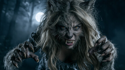 Obraz premium Fierce Female Werewolf Snarling Under Full Moon in Dark Forest
