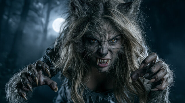 Fierce Female Werewolf Snarling Under Full Moon in Dark Forest