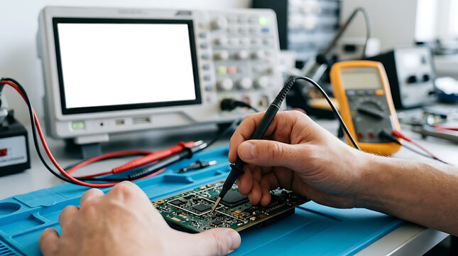 Technician Using Oscilloscope Probe Testing Electronic Circuit Board Components in Lab