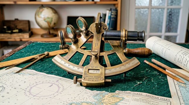 Antique Brass Sextant on a Green Velvet Cloth With a Map