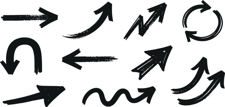 Black grunge hand drawn arrows collection on white background with collection pointing direction scribble isolated movement