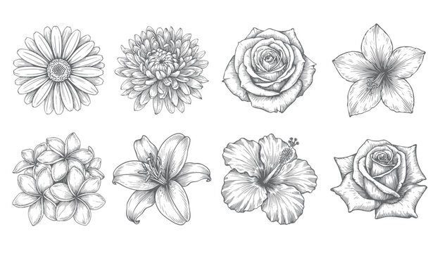 Decorative flower collection with refined botanical engraving details.