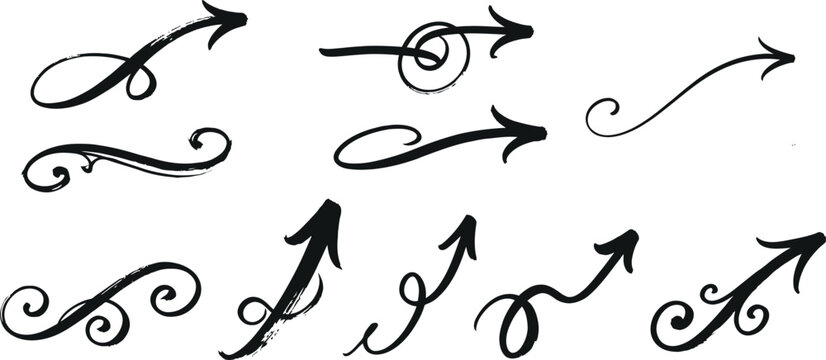 Collection of hand drawn calligraphic arrows and ornamental brush swirls for design accents with calligraphy ornamental elements pointers illustration isolated creative direction