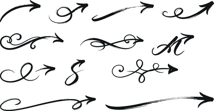 Set of black hand drawn decorative brush stroke arrows and swirly pointers on white background with brush strokes pointers decorative calligraphy isolated direction creative illustration