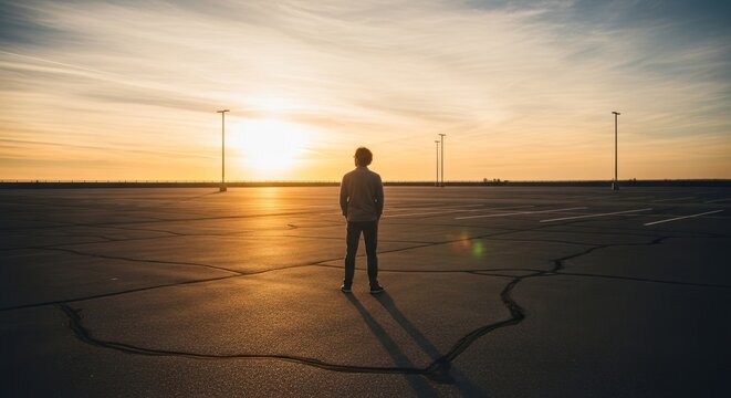 Person standing alone on concrete surface during sunset
