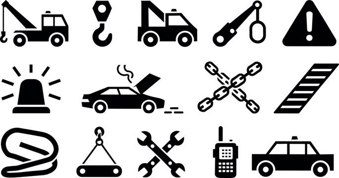 Tow truck and roadside assistance auto breakdown service solid black glyph icons set vector illustration isolated