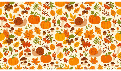Autumn Forest Seamless Pattern with Mushrooms, Snail and Pumpkin Cartoon Vector © Anzuara