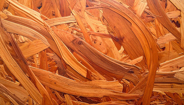 A detailed close-up view of oriented strand board or OSB panels featuring a complex and rugged texture of compressed natural wood flakes, shavings, and chips in shades of brown.