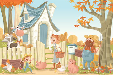 Naklejka premium Cartoon farm with animals and farmers. Farm background.
