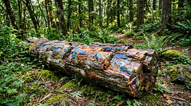 Weathered fallen log with vibrant colorful wood textures on a lush mossy forest floor in a dense green woodland environment