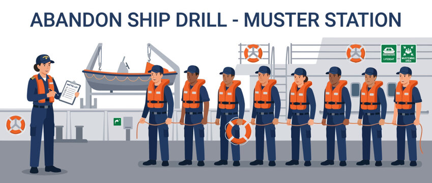 Abandon Ship Drill Muster Station: Crew in Life Jackets Lined Up on Deck