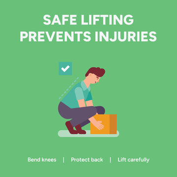 Illustrative graphic showing a man demonstrating proper safe lifting techniques by bending his knees to protect his lower back health