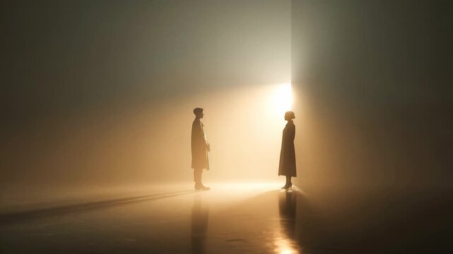 Solitary figures stand in dramatic shafts of light, creating atmospheric and moody scenes. Silhouetted individuals are bathed in intense beams of light
