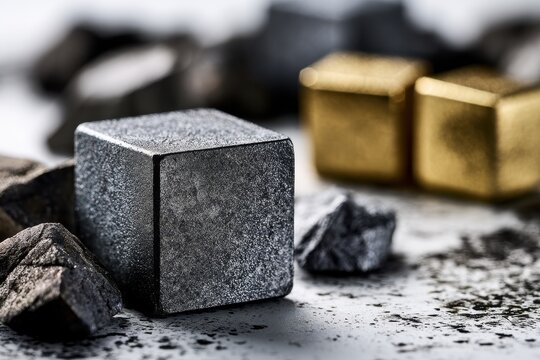 Metal cube rests on stone. It represents mining and wealth.