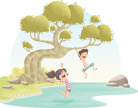 Group of teenagers jumping into the water. Kids having fun jumping in the lake water.
