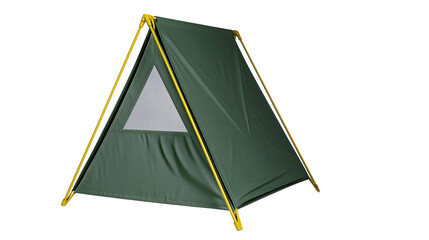 Green A-frame tent with yellow poles and triangular window, isolated on transparent background © AnaMaria