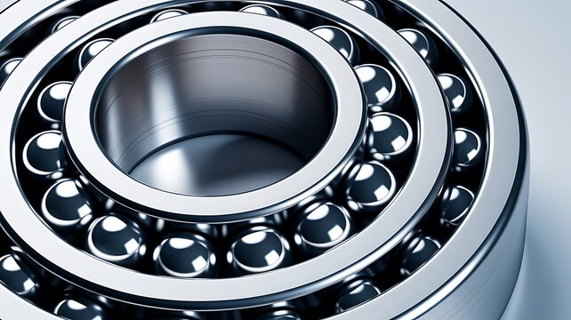 Close-up view of a metallic ball bearing. Smooth surfaces reflect light intensely. Steel balls sit between circular rings. Precise engineering defines the structure, industrial background 
