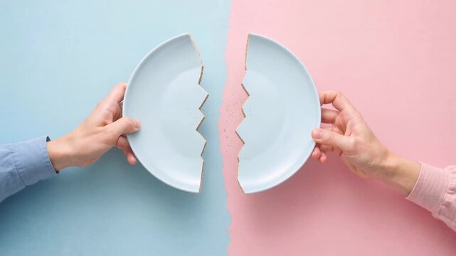 Hands holding broken plate pieces against pastel background, symbolizing fragility and separation