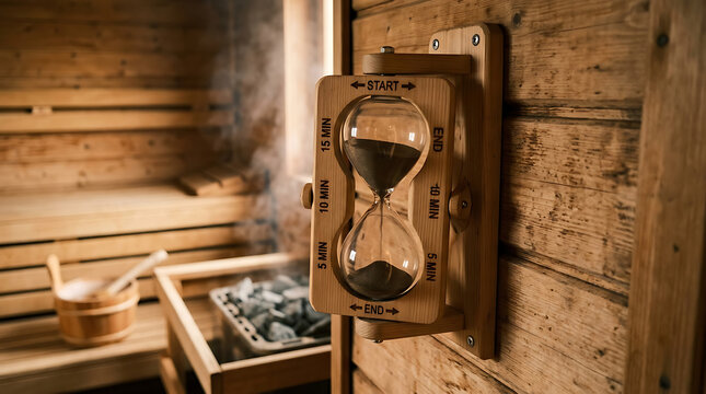 Wooden Hourglass Mounted on Sauna Wall with Hot Steam Stones in a Relaxing Spa Wellness Interior Scene