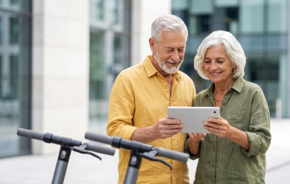 Cheerful elderly couple looking at digital tablet next to electric scooters on city street