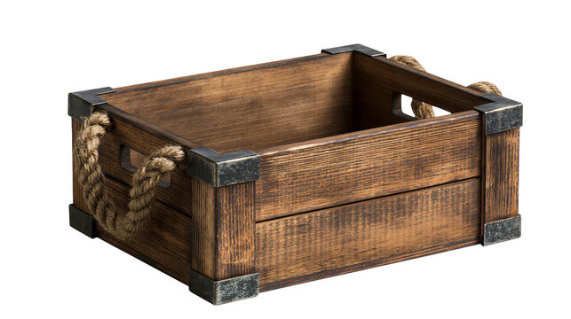 Rustic wooden crate with rope handles and metal corner protectors, isolated on transparent background