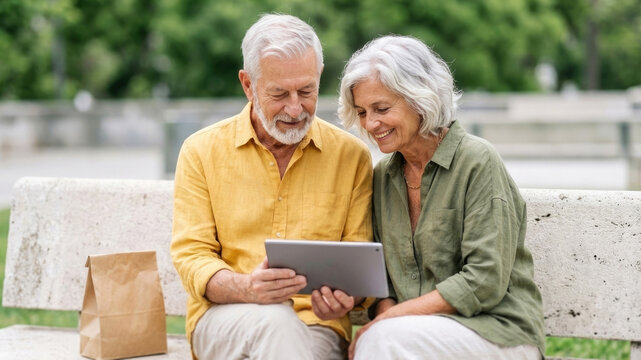Happy senior couple sitting on bench using digital tablet together in summer park