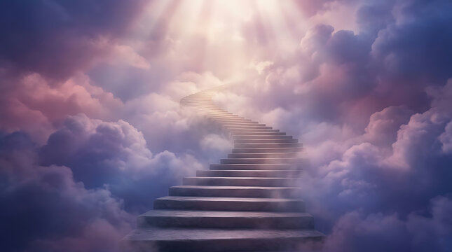 Majestic stone steps rising into sky surrounded by dreamy purple clouds and celestial radiance
