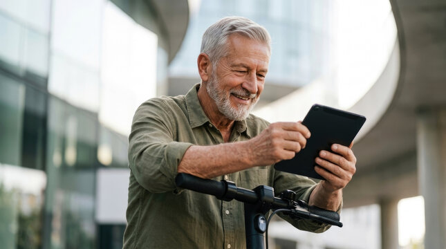 Smiling elderly man leaning on electric scooter using digital tablet on city street