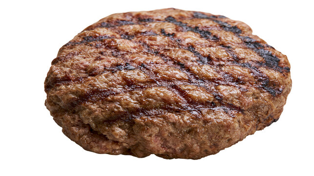 Juicy grilled beef burger patty with char marks, isolated on transparent background